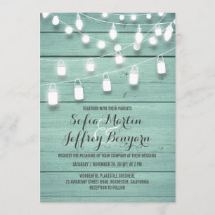 Teal Barn Wood and Mason Jar Lights Wedding Invitation