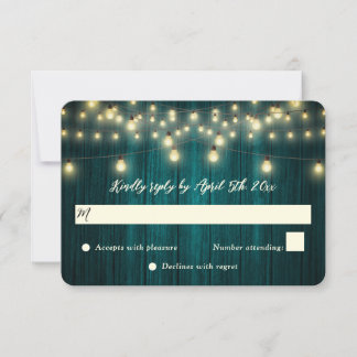 Teal Barn Wood String Lights Country Wedding RSVP Card