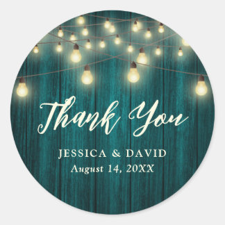Teal Barn Wood String Lights Wedding Thank You Classic Round Sticker