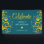 Teal Bat Mitzvah Gold Foil Script Tree of Life Banner<br><div class="desc">Be proud, rejoice and showcase this milestone of your favourite Bat Mitzvah! Hang up this stunning, modern, stylish, personalised banner to add to her special day. Sparkly, gold, faux foil calligraphy script, light pink typography, and two abstract, graphic, gold foil trees with sparkly turquoise, teal, purple and blue Star of...</div>