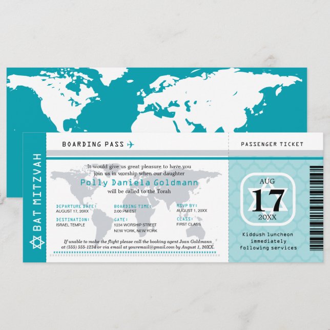 Teal Bat Mitzvah World Traveller Boarding Pass Invitation (Front/Back)