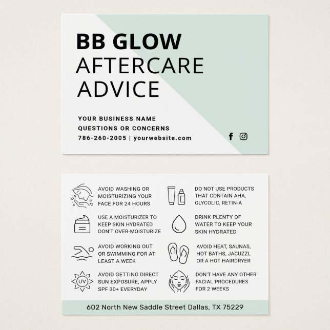 Teal BB Glow Facial Instructions After Care Card (Front & Back)