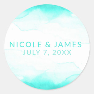 Teal Beach Aqua Blue Watercolor Modern Wedding Classic Round Sticker