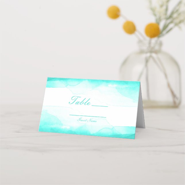 Teal Beach Aqua Watercolor Table Number Seating Place Card (Front)