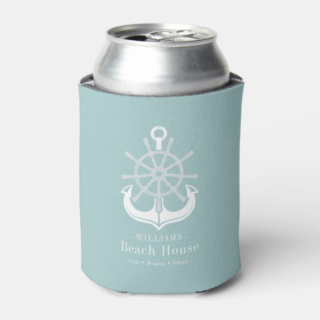 Teal Beach House Family Name Anchor Can Cooler (Can Front)