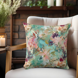 Teal Beige Abstract Painting Floral Pattern Cushion