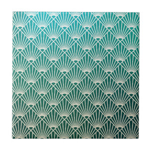 teal,beige,art nouveau,art deco, fan pattern, ceramic tile