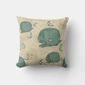 Teal Beige Asian Lily Pad Throw Pillow