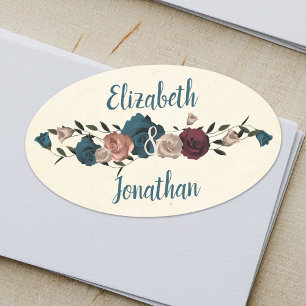 Teal, Beige, Burgundy Oval Roses Sticker