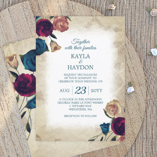 Teal, Beige Burgundy Rose Garden Wedding Invitation