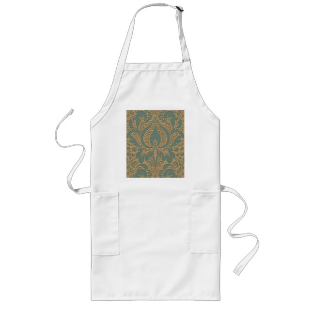Teal Beige Damask Long Apron (Front)