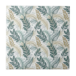 Teal & Beige Elegant Leaf Botanical Floral Pattern Ceramic Tile