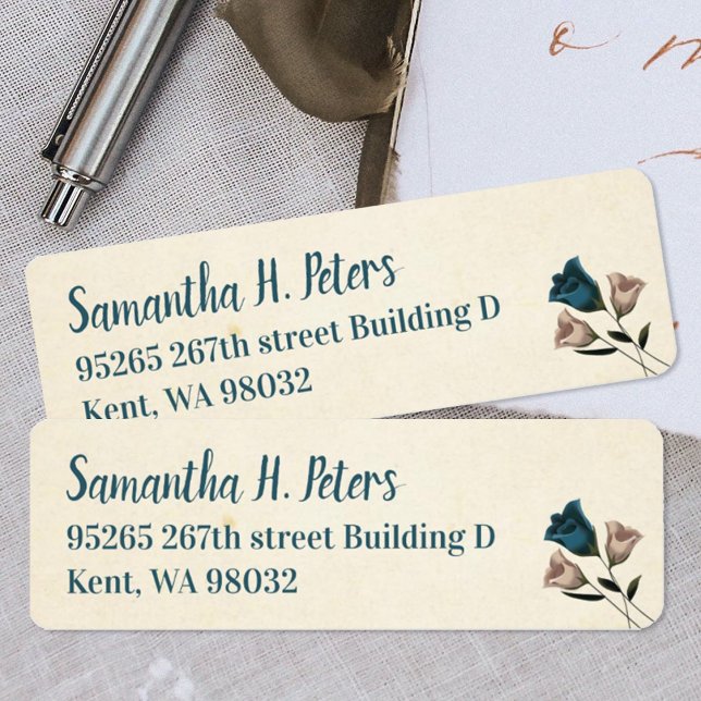 Teal, Beige Garden Roses Mailing Labels (Teal, ivory, off white address labels with roses, teal script writing, simple roses)