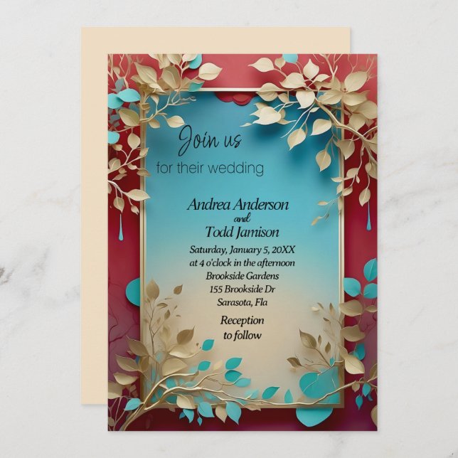 Teal beige leaves red gold frame wedding invitation (Front/Back)