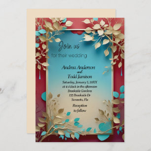 Teal beige leaves red gold frame wedding invitation