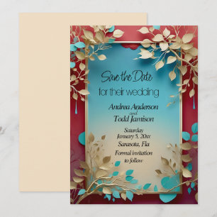 Teal beige leaves red gold frame wedding save the date