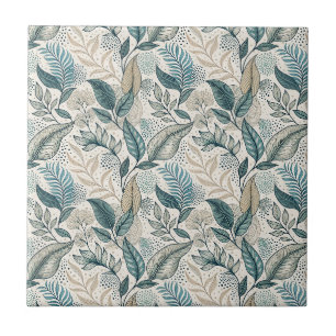 Teal & Beige Minimal Leaf Botanical Floral Pattern Ceramic Tile