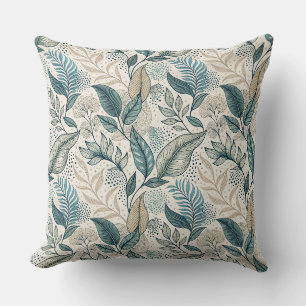 Teal & Beige Minimal Leaf Botanical Floral Pattern Cushion