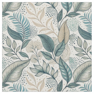 Teal & Beige Minimal Leaf Botanical Floral Pattern Fabric