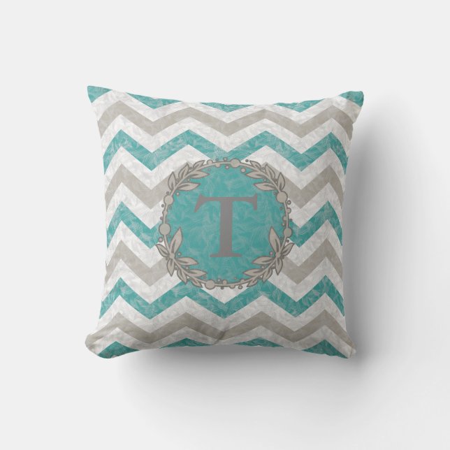 Teal & Beige Monogrammed chevron Pillow (Front)