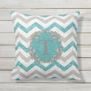 Teal & Beige Monogrammed chevron Pillow