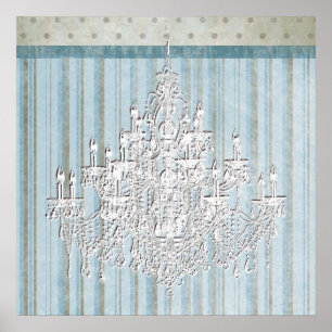 Teal Beige Shabby Chic Chandelier Wall Art Print