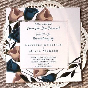 Teal, Beige Vintage Roses Wedding Invitation