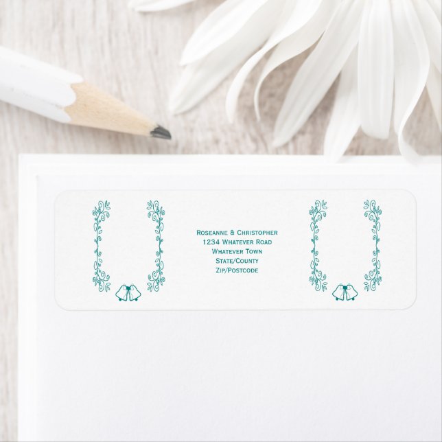 Teal Bell Scrollwork Design Wedding Return Address Label (Insitu)