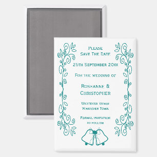 Teal Bells Scrollwork Design Wedding Save The Date Magnet