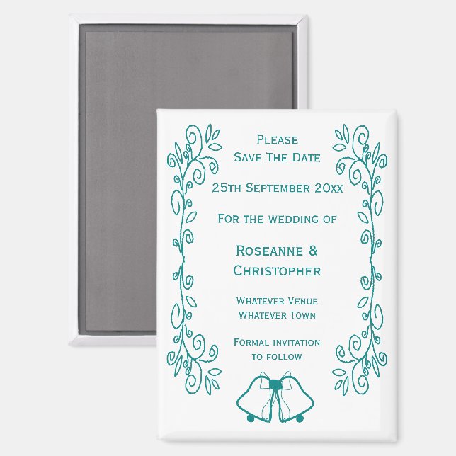 Teal Bells Scrollwork Design Wedding Save The Date Magnet (Front/Back)
