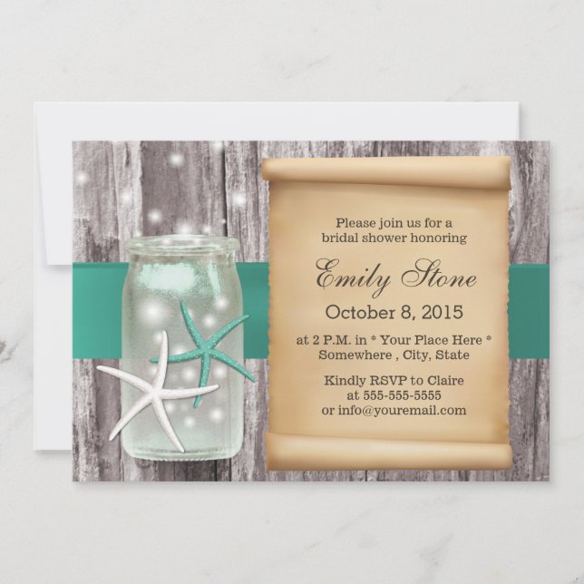 Teal Belt Starfish & Mason Jar Wood Bridal Shower Invitation (Front)
