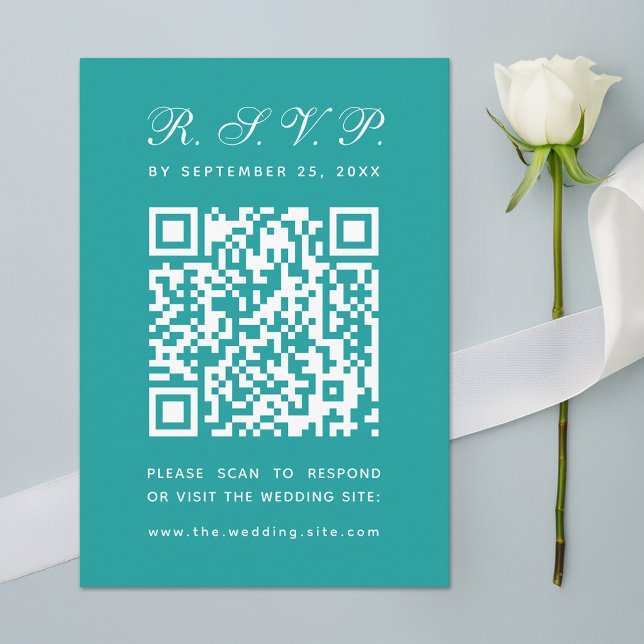 Teal Big QR Code Simple Script Calligraphy Wedding RSVP Card (Creator Uploaded)