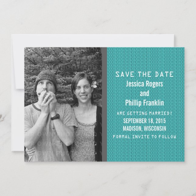 Teal Binary Code Photo Save the Date Invite (Front)