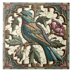Teal Bird and Pink Blossom Art Nouveau Ceramic Tile