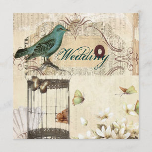 Teal Bird vintage floral botanical wedding Invitation