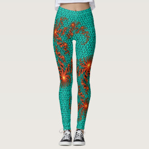 Teal Black Abstract Mandala Pattern Leggings