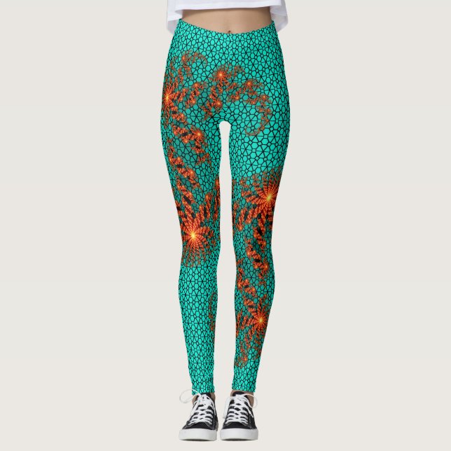 Teal Black Abstract Mandala Pattern Leggings (Front)