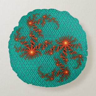 Teal Black Abstract Mandala Pattern Round Cushion