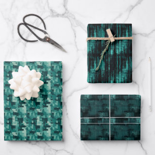 Teal & Black Abstract Paint Trio Wrapping Paper Sheet