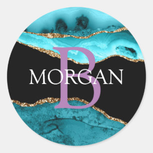 Teal, Black and Gold Agate, DIY Name & Monogram Classic Round Sticker