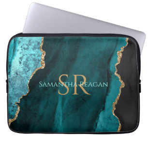 Teal, Black and Gold Agate, DIY Name & Monogram La Laptop Sleeve