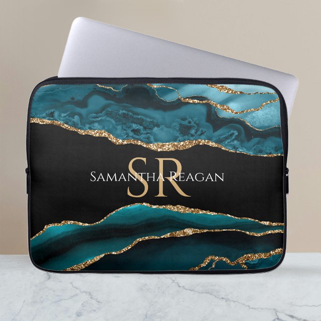 Teal Black and Gold Agate, DIY Name & Monogram Vs2 Laptop Sleeve (Creator Uploaded)