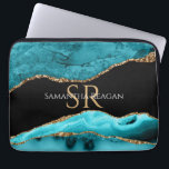 Teal Black and Gold Agate, DIY Name & Monogram Vs3 Laptop Sleeve<br><div class="desc">A Trendy design of Teal,  Black and Gold Agate. Personalise your name,  initials or message in gold and white text. Version 3.</div>