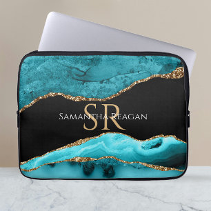 Teal Black and Gold Agate, DIY Name & Monogram Vs3 Laptop Sleeve