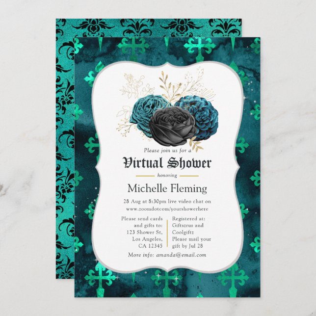 Teal, Black and Gold Floral Virtual Bridal Shower Invitation (Front/Back)