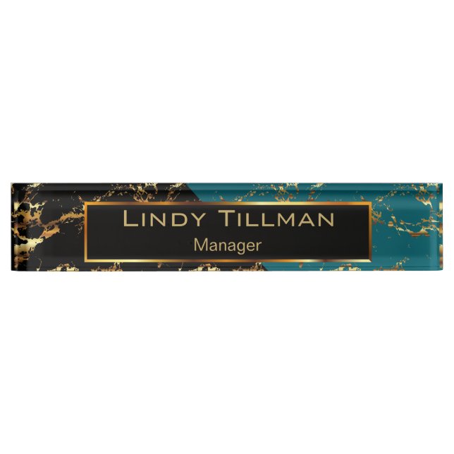 Teal, Black and Gold Marble Design Nameplate (Front)