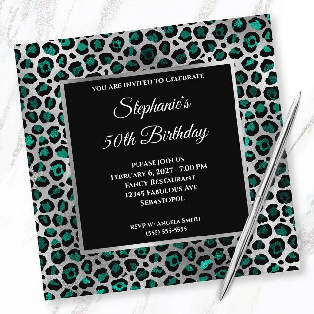 Teal Black and Silver Leopard Glam 50th Birthday Invitation (Creator Uploaded)