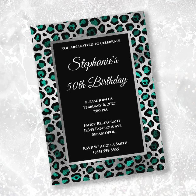 Teal Black and Silver Leopard Glam 50th Birthday Invitation (Creator Uploaded)