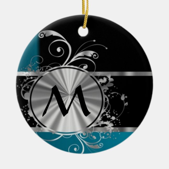 Teal black and silver monogram ceramic tree decoration (Front)