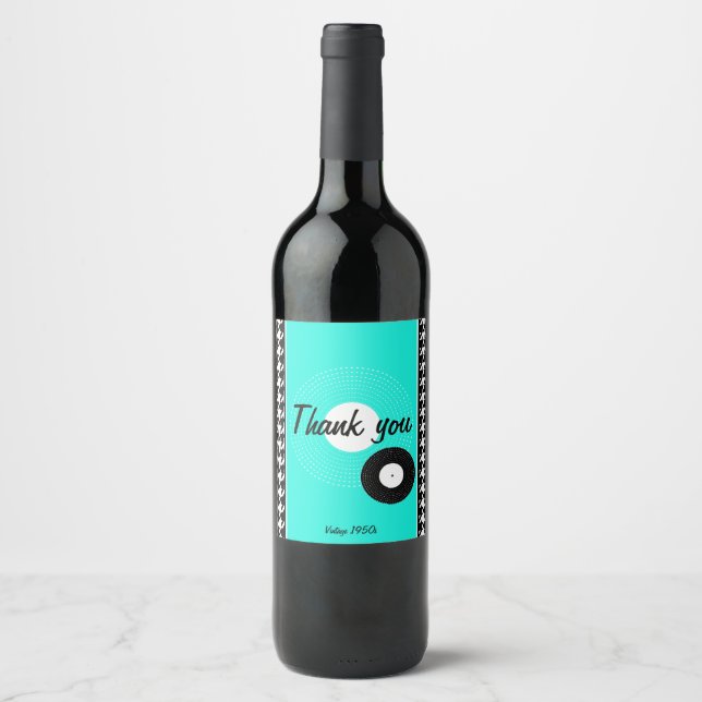 Teal, black and white 1950s theme chequered wine label (Front)